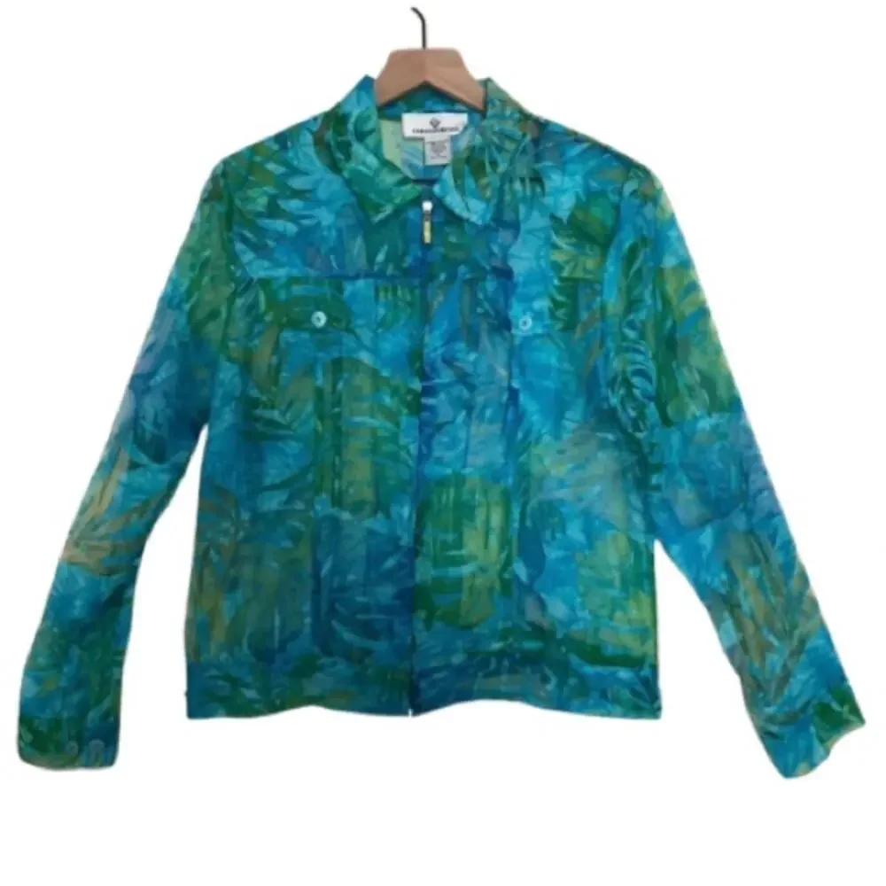 Erin London Tropical Blue Green Zip Up Lightweight Semi-Sheer Jacket Medium